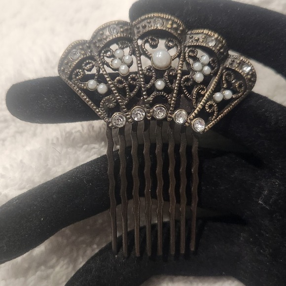 Vintage Style Filigree Hair Comb Antique Bronze Faux Pearl Rhinestone Art Deco - Picture 3 of 13